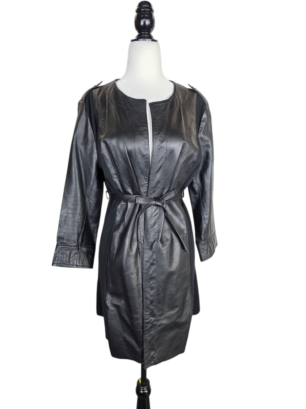 Imperial Open-front Tie-Waist Black Leather accent Coat Jacket